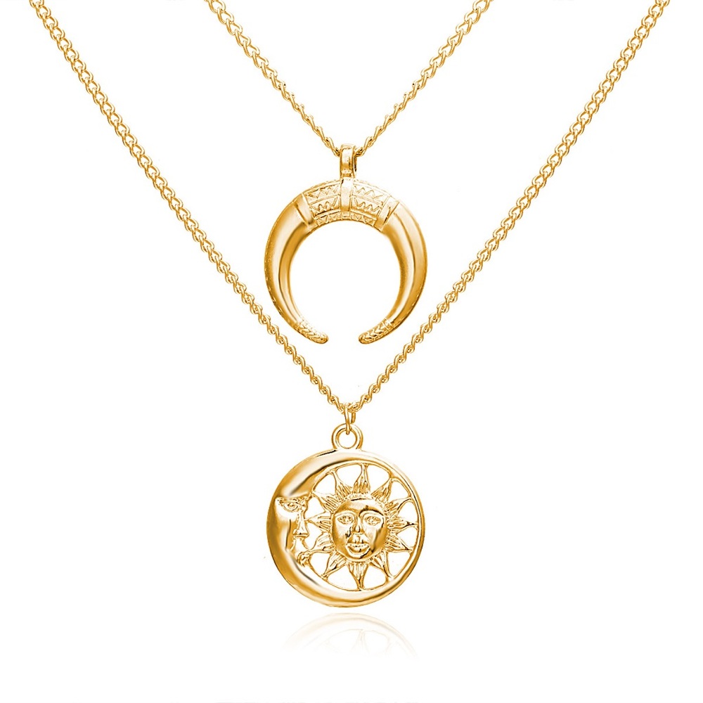 Gold Crescent Moon & Sun Goddess Layered Necklace